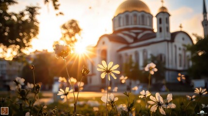 Obraz premium Golden hour shot of Saint Sava Orthodox Church in Belgrade, with warm sunlight illuminating the domes and intricate details,