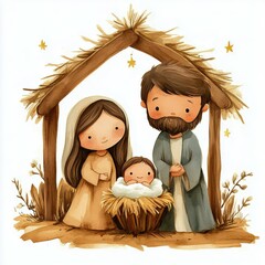 A cute illustration of the Nativity scene with Mary, Joseph, and baby Jesus.  © Wall Art Galerie