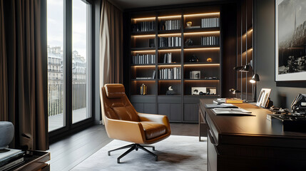 Modern Home Office Interior Design with Brown Leather Chair and Bookshelf - 3D Illustration