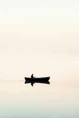 Silhouette of a lone rower in a boat.