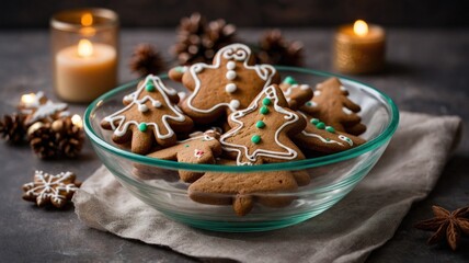 Fototapeta premium gingerbread cookies on a clear bowl GENERATE AI 