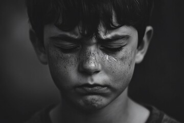 Emotional Depth: A Young Boy's Struggle Captured in Black and White