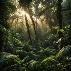 Fototapeta premium A lush tropical rainforest at sunrise, with sunlight streaming through the dense canopy.