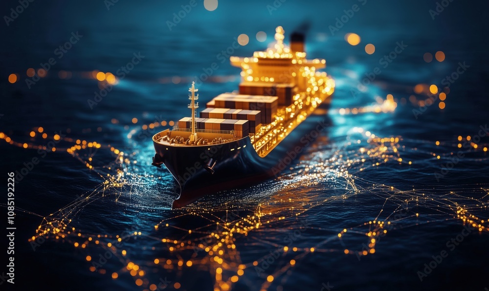 Poster cargo ship illuminated with lights, navigating through digital network waves. container ship with gl