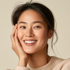 Korean woman applying skincare to her face, smiling to the side. neutral background, AI Generated