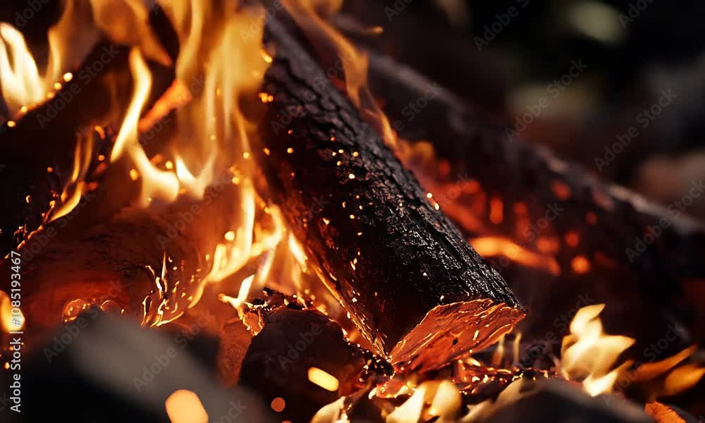 Poster glowing bonfire log with radiant flames and ember sparks : generative ai