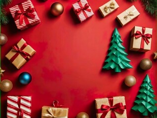 Christmas greetings background design. Gift boxes ornaments and decorative elements on red elegant background.