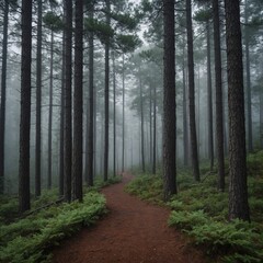 Obraz premium A serene pine forest covered in morning fog, with a winding path leading into the distance.