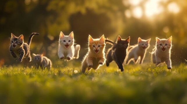 A group of kittens running through a field
