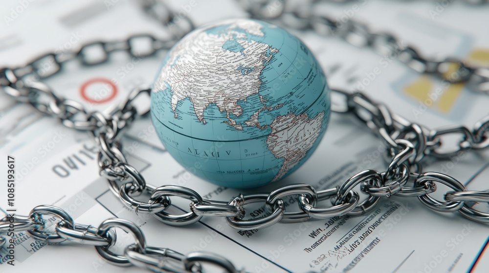 Poster digital globe entangled in chains symbolizing global challenges business environment modern perspect