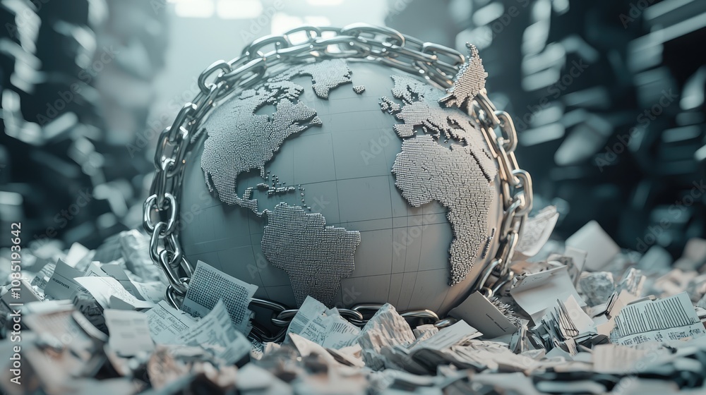Poster digital globe enclosed in chains modern office 3d rendering abstract concept global issues