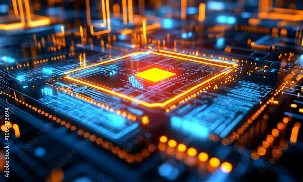 Fototapete futuristic circuit board with glowing elements and connections : generative ai