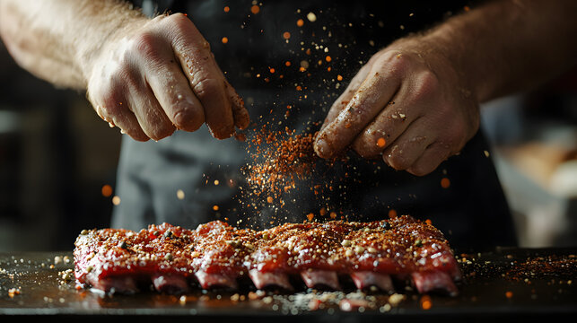 Butcher seasoning ribs with a special blend of spices.