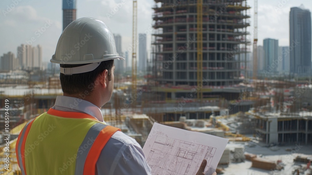 Poster a man wearing a hard hat and safety vest is looking at a blueprint of a building