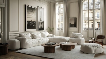 Modern living room with cozy furniture and large windows.