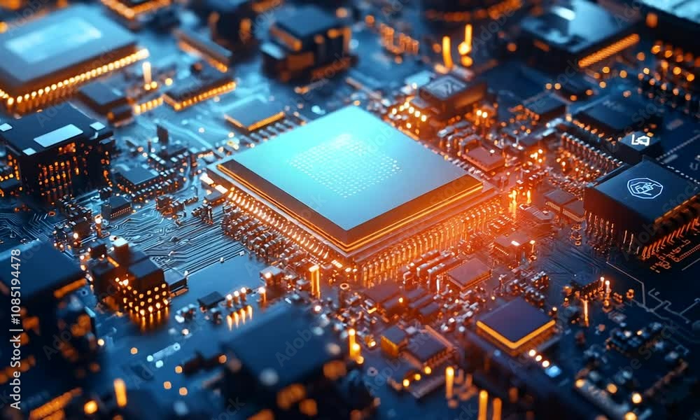 Poster closeup of electronic circuit board with glowing microchips and traces : generative ai