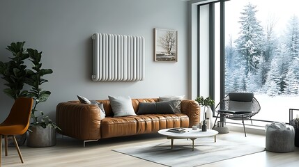 Modern living room with a cozy atmosphere and winter scenery outside.