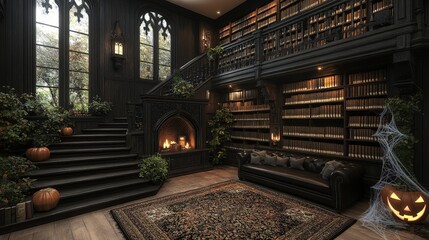 A cozy, gothic-style library with a fireplace, pumpkins, and autumn decor.