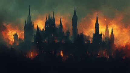 A dark, fiery landscape depicting a castle engulfed in flames, evoking a sense of chaos.