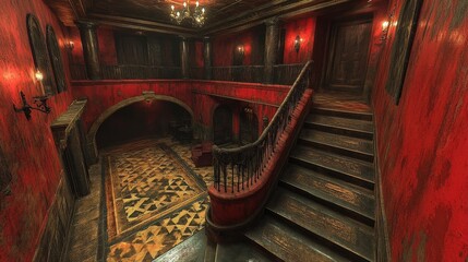 A dimly lit, ornate staircase in a red-walled interior with vintage decor.