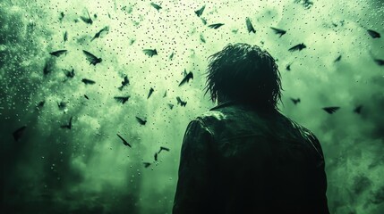 A figure stands in a surreal, misty environment filled with swirling moths and ethereal light.