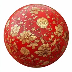 Red sphere with gold floral pattern.