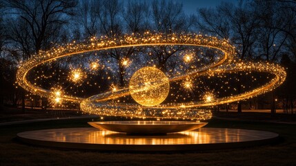 A glowing sculpture depicting celestial orbits, symbolizing the universe's beauty.