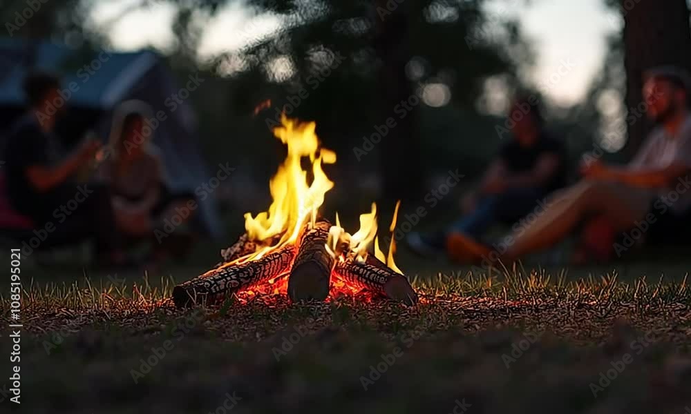 Poster serene campfire scene in forest with softly glowing flames and people in background : generative ai