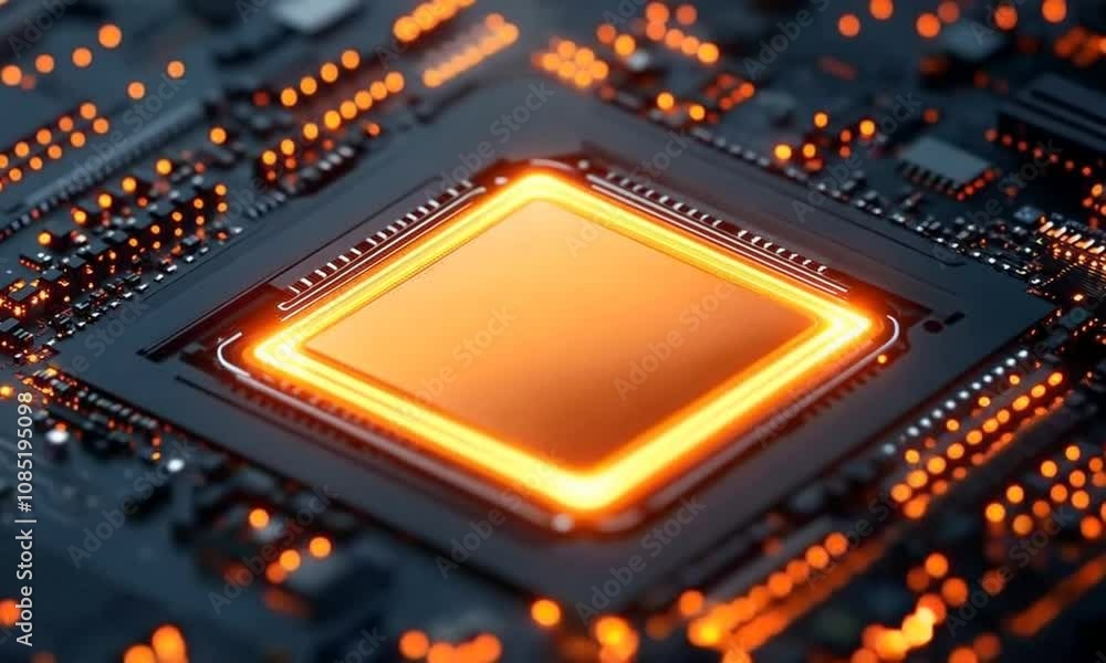 Poster bright orange computer chip on a circuit board with glowing electric connections : generative ai