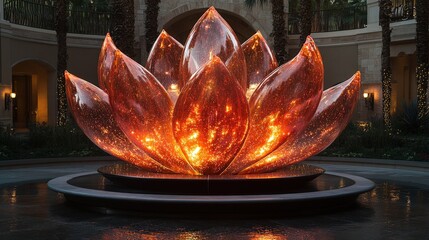 A large, glowing lotus sculpture made of translucent material, set in a tranquil environment.