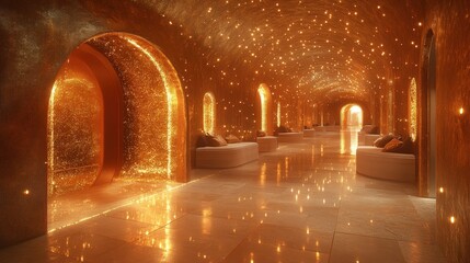 A luxurious, glowing corridor with warm lighting and elegant seating areas.