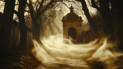A misty pathway leads to an ornate archway, creating an eerie, atmospheric scene.