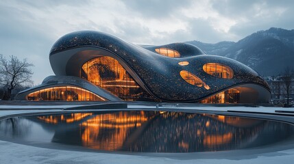 A modern architectural structure with flowing forms and illuminated windows by a reflective pond.