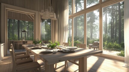 Fototapeta premium A Scandinavian dining room with large windows, light wood furniture, and cozy textures for a warm, inviting look.