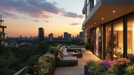 A modern balcony with seating and plants, overlooking a city skyline at sunset.