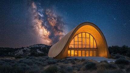 A modern wooden structure illuminated under a starry sky in a desert landscape.