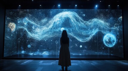 A person gazes at a mesmerizing digital display of cosmic phenomena.