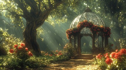 A serene garden with a glass gazebo surrounded by vibrant flowers and dappled sunlight.