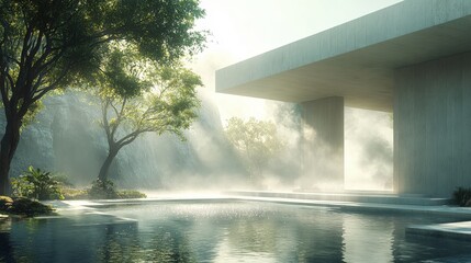 A serene modern structure by a reflective pool surrounded by lush greenery and mist.