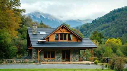 Fototapeta premium An isolated image of a cozy country-style house with wooden siding and stone details, capturing rustic charm.