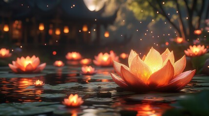 A serene pond filled with glowing lotus flowers, creating a tranquil atmosphere.