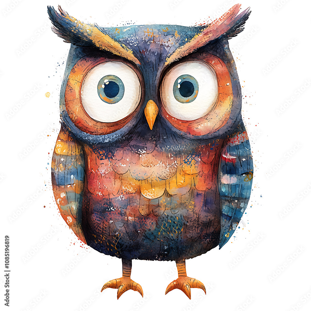 Poster whimsical cartoon owl with vibrant colors and large expressive eyes, showcasing quirky and artistic 