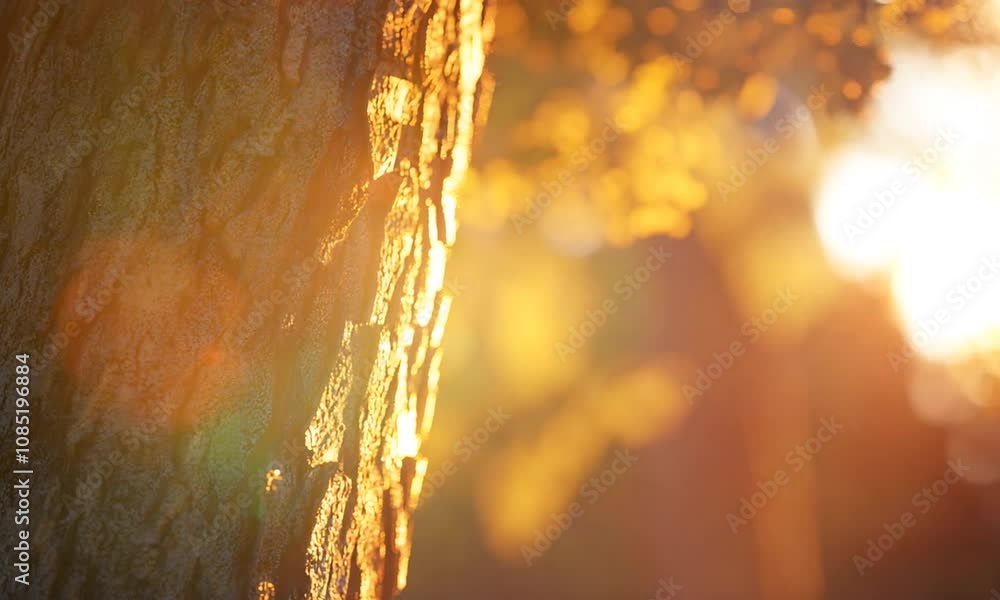 Poster Golden sunset light illuminating textured bark of a tree trunk in forest : Generative AI