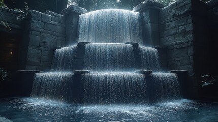 A serene waterfall cascading over stone steps, creating a tranquil atmosphere.