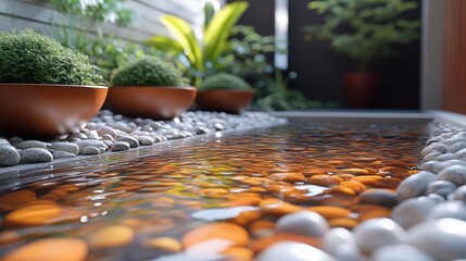 A serene water feature with pebbles and plants, creating a calming outdoor atmosphere.