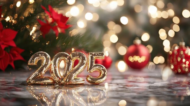 Golden snake elegantly coiling around the numbers '2025' on a polished marble table, with red lanterns and orchids in the background
