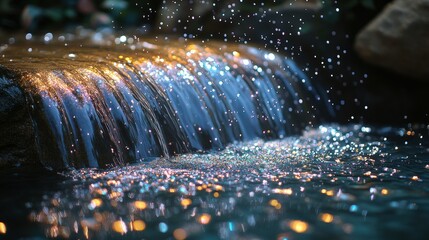 A serene waterfall with sparkling water droplets and reflections in a tranquil setting.