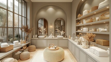 A serene, modern bathroom featuring elegant decor and organized shelves for relaxation.