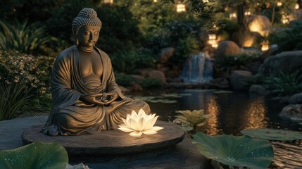 Guanyin with lifelike detail, lotus in hand, robes flowing, softly illuminated, serene atmosphere