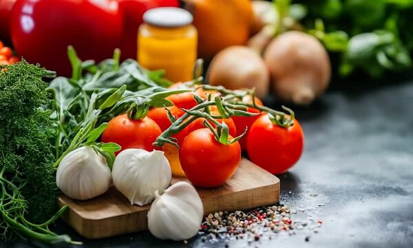 Fresh Organic Vegetables with Tomatoes Garlic Herbs Culinary Ingredients Kitchen Garden : Generative AI